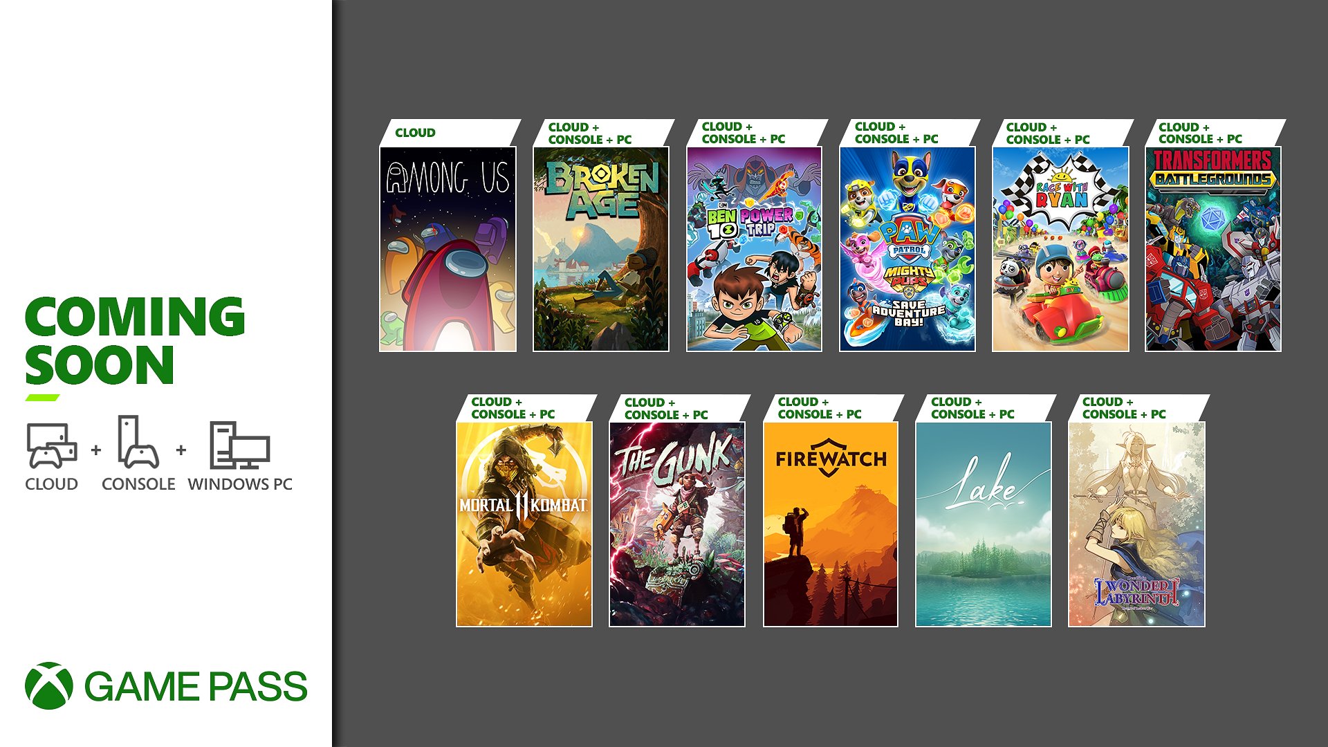 Among Us, Broken Age, Ben 10: Power Trip, Paw Patrol Mighty Pups Save Adventure Bay, Race With Ryan, Transformers Battlegrounds, Mortal Kombat 11, The Gunk, Firewatch, Lake, and Record of Lodoss War: Deedlit in Wonder Labyrinth are coming soon to Xbox Game Pass.