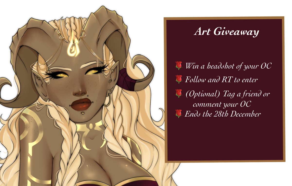 🌹Art Giveaway🌹

🌸Win a headshot of your OC
🌸RT and follow to enter
🌸(Optional) Tag a friend or comment your OC
🌸Ends 28th December