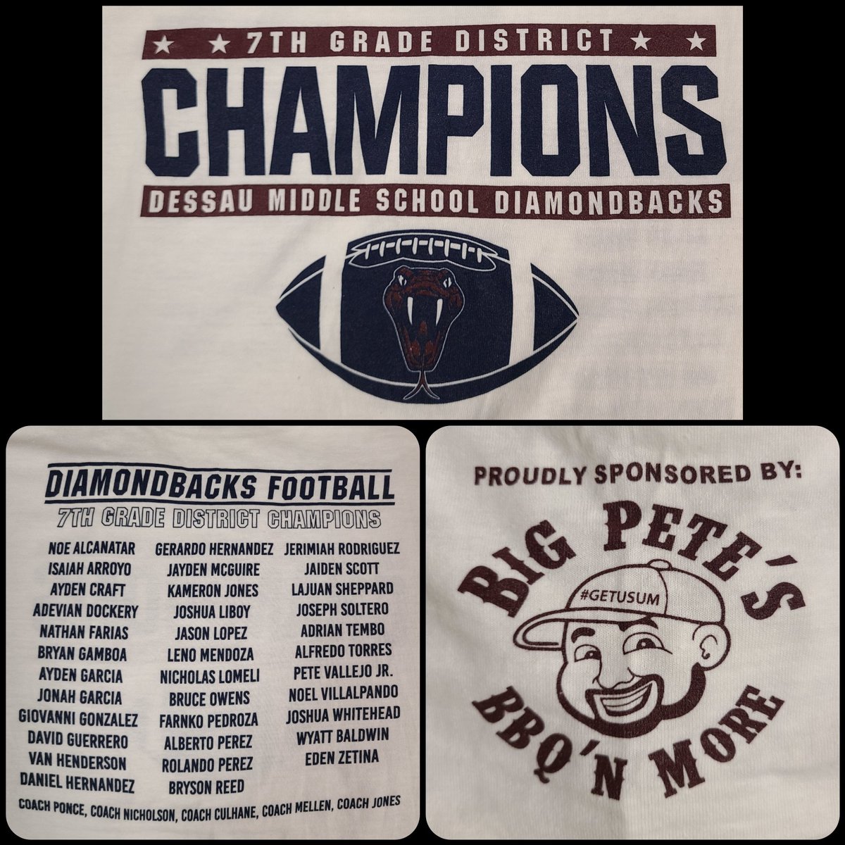 Dessau MS Athletics (@dms_atheltics) on Twitter photo Huge shout out to <a href="/BigPetesBBQ/">Big Pete's BBQ N More</a> for making these T-shirts to commemorate our football season!
#DessauFamily #BBQ
<a href="/PfISDAthletics/">PfISD Athletics</a> Huge shout out to <a href="/BigPetesBBQ/">Big Pete's BBQ N More</a> for making these T-shirts to commemorate our football season!
#DessauFamily #BBQ
<a href="/PfISDAthletics/">PfISD Athletics</a>