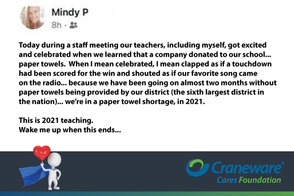 CranewareCares's tweet photo. Craneware Cares continues to support schools in need. This testimonial demonstrates how simple things make a huge impact. #cranewarecares #cresthavenelementary https://t.co/VVBJ7Rnv6G