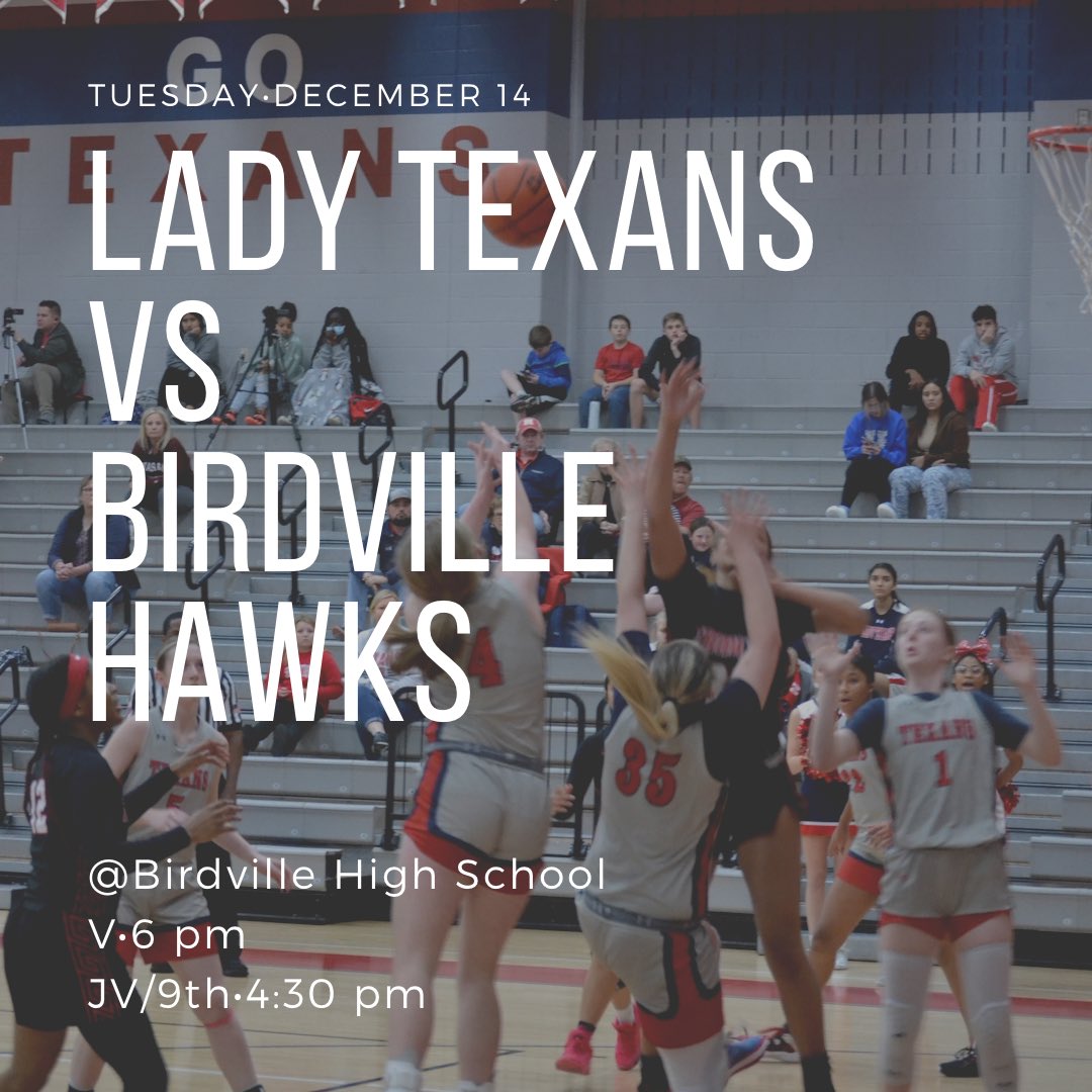 District Starts Tonight! 
Come cheer on your Lady Texans as they take on Birdville! 
Varsity- 6 pm
JV/9th- 4:30 pm
📍Birdville