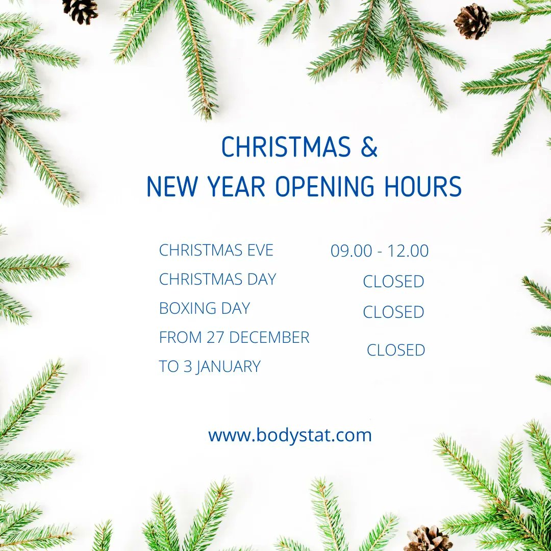 Bodystat_Ltd's tweet photo. Merry Christmas!🎄 
We are just letting you know the dates for our last pre orders of 2021 and our holiday opening hours.👏 If you have any questions or queries about these then feel free to send us a message. 👍

#Christmas #bodystat https://t.co/HsMMwBgmOA
