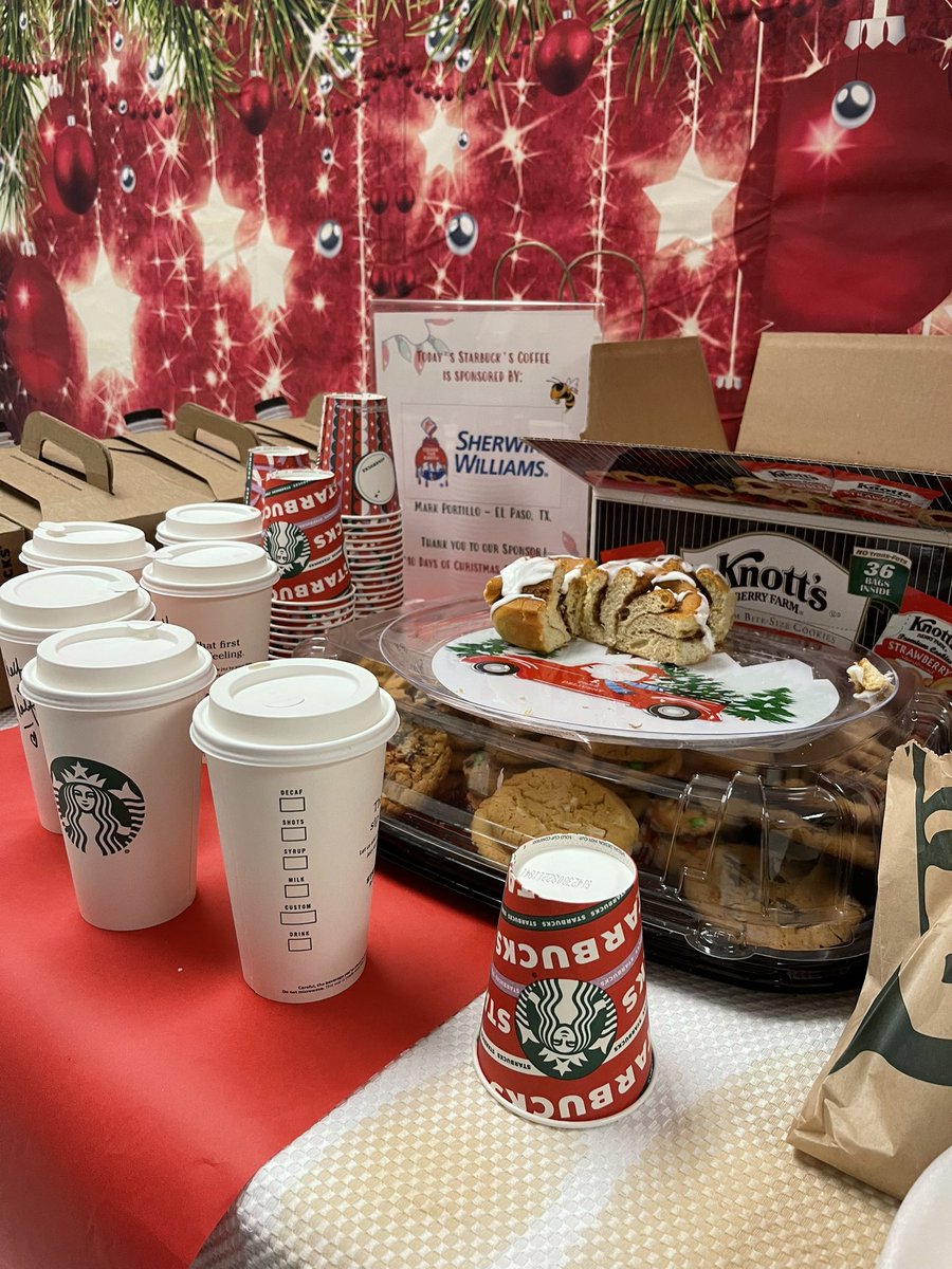 AGuerrero_HHES's tweet photo. We’re on the 9th day of our “10 days of Christmas Appreciation!” Thank you Mark Portillo of @SherwinWilliams of El Paso for your kind donation to our hive’s teachers and staff! 🎄🐝☕️ #Starbucks #OnlyAtTheHive #christmascheer https://t.co/f6ji1yIEZG