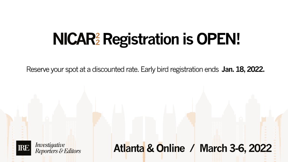 #NICAR22 hybrid conference registration is open and at a discounted rate through Jan. 18! Join us at our annual data journalism conference in Atlanta or online. ire.org/training/confe…