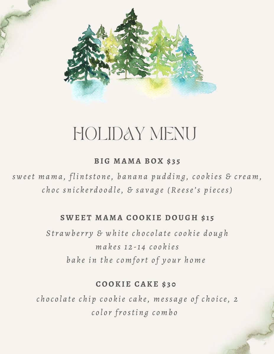 Holiday Menu is live!!! 🌲 

Wow the crowd with Sweet Roars treats at the holiday functions 🍪 

Preorders are now open for 12/20-12/22 pick up or delivery 🚚 

#cookies #houdesserts #bigmamabox #cookiedough #cookiecakes #holidaymenu