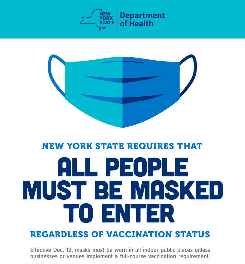 As per NYS, effective 12/13, all persons over the age of 2 and who can medically tolerate the wearing of a face covering, will be required to wear a face mask inside the building, including on &amp; off the court/field, regardless of vaccination status. We appreciate your compliance!