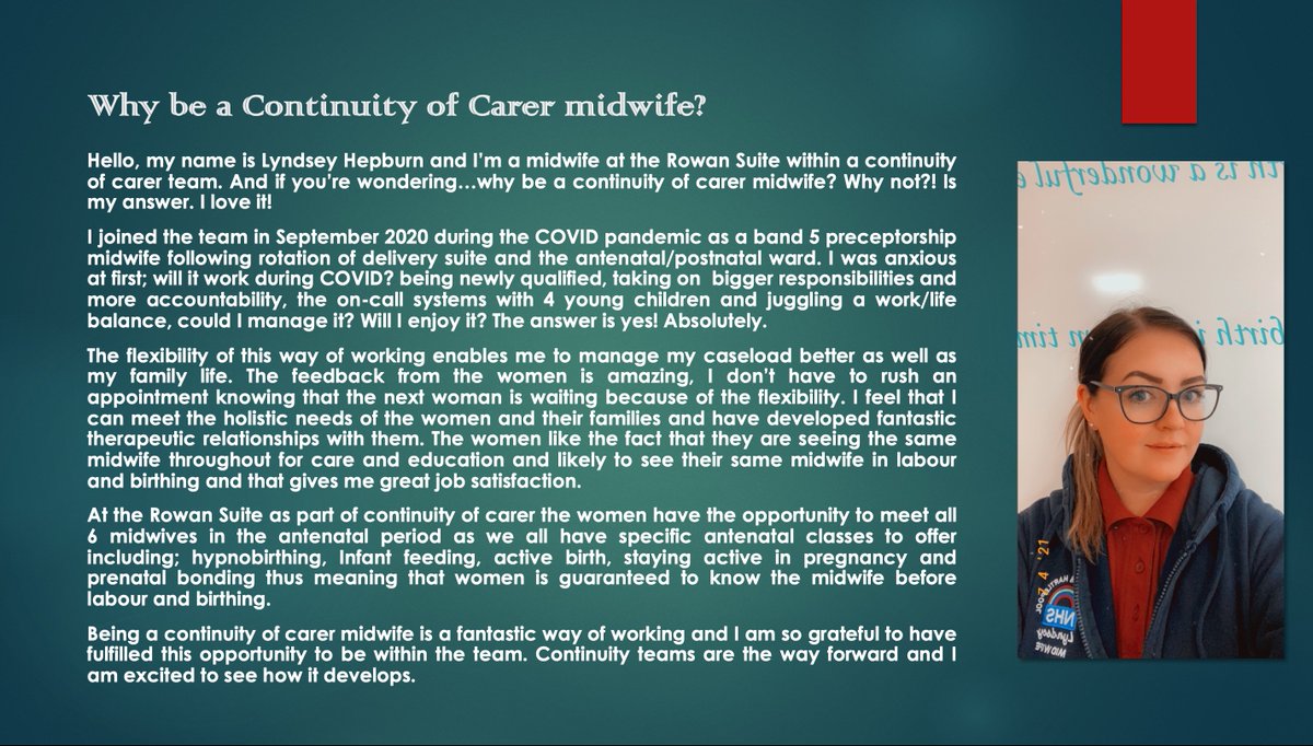 Midwife Lyndsey Hepburn sharing her positive experience working as a continuity of carer midwife at <a href="/NTeesHpoolNHSFT/">North Tees and Hartlepool NHS Foundation Trust</a> #MCoC 
'The flexibility of this way of working enables me to manage my caseload better as well as my family life. The feedback from the women is amazing....'
