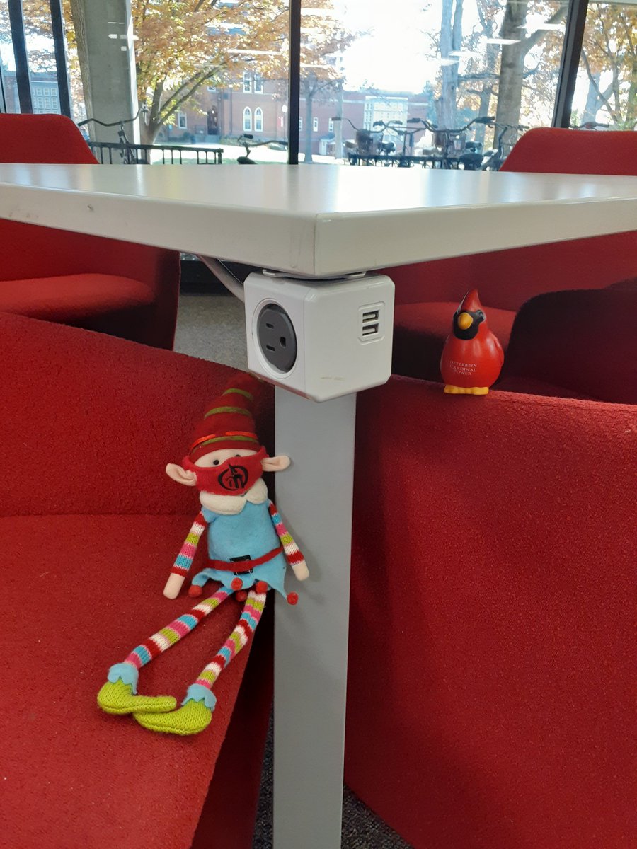 The Library wants to provide #Otterbein students with the best possible areas to study, meet-up, or relax. New charging stations were installed so you can plug-in a laptop or phone more places! OK, where's my charger, Cardy? #ElfOnTheShelf #Elf #Otterbein #OtterbeinLibrary