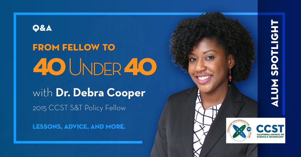 CCSTFellows's tweet photo. NEW: From Fellow to 40 Under 40 with Dr. Debra Cooper

Recognized by @SacBiz as a #40under40, Debra shares #SciPol lessons, career advice, and more from her work in the California State Legislature and experience as a @CCSTFellows.

Read:
https://t.co/9WJqSU49G1

#SciComm https://t.co/VxGCTlJ7Jn