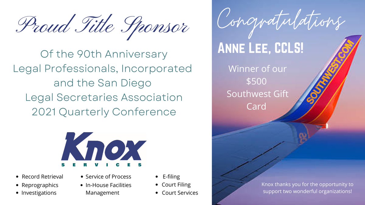 SDLSA's tweet photo. Congratulations, Anne Lee, CCLS! #WINNER of our Title Sponsor, @knox_services $500 Southwestern Gift Card! Thank you, Knox Services for your support w/ both our 90th Anniversary and our most recent conference with @MeetLPI ! #SDLSA #MeetLPI #legalsecretary #anniversary https://t.co/Oti6nv9Ss5