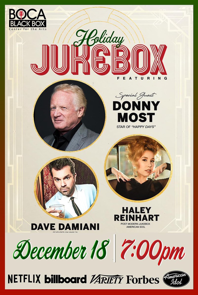 🎟 THIS SATURDAY NIGHT! 🎟

- Saturday, Dec. 18, 2021 / 7 PM - 

Holiday Jukebox Starring Post Modern Jukebox's &amp; American Idol's Haley Reinhart and Boca's own Dave Damiani and his NO VACANCY ORCHESTRA from XM 71 Siriusly Sinatra! 

BUY YOUR TICKETS! bocablackbox.showare.com/HolidayJukebox…