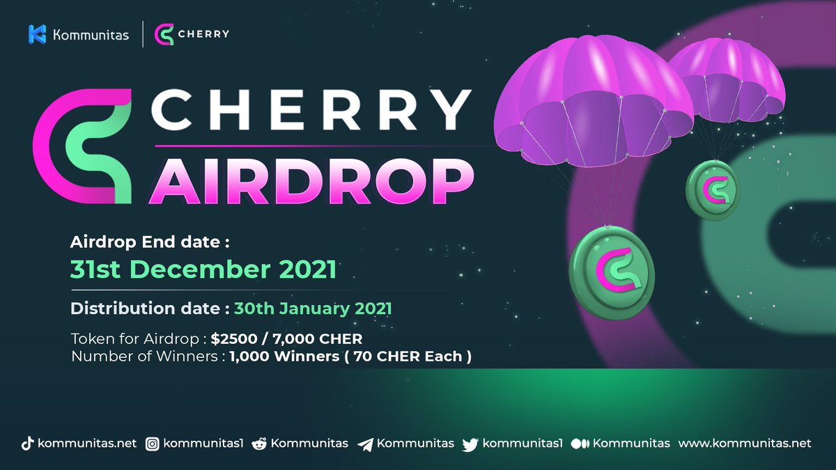🍒 We have organized an #Airdrop giveaway for the <a href="/Cherry_Network/">Cherry</a> Public Sale!

💰We want to share 7,000 $CHER for 1,000 people!

🌸 This #giveaway will end on 31st December 2021 and the distribution date will be on 30th January 2021

🍬 Enter here giv.gg/cnairdrop