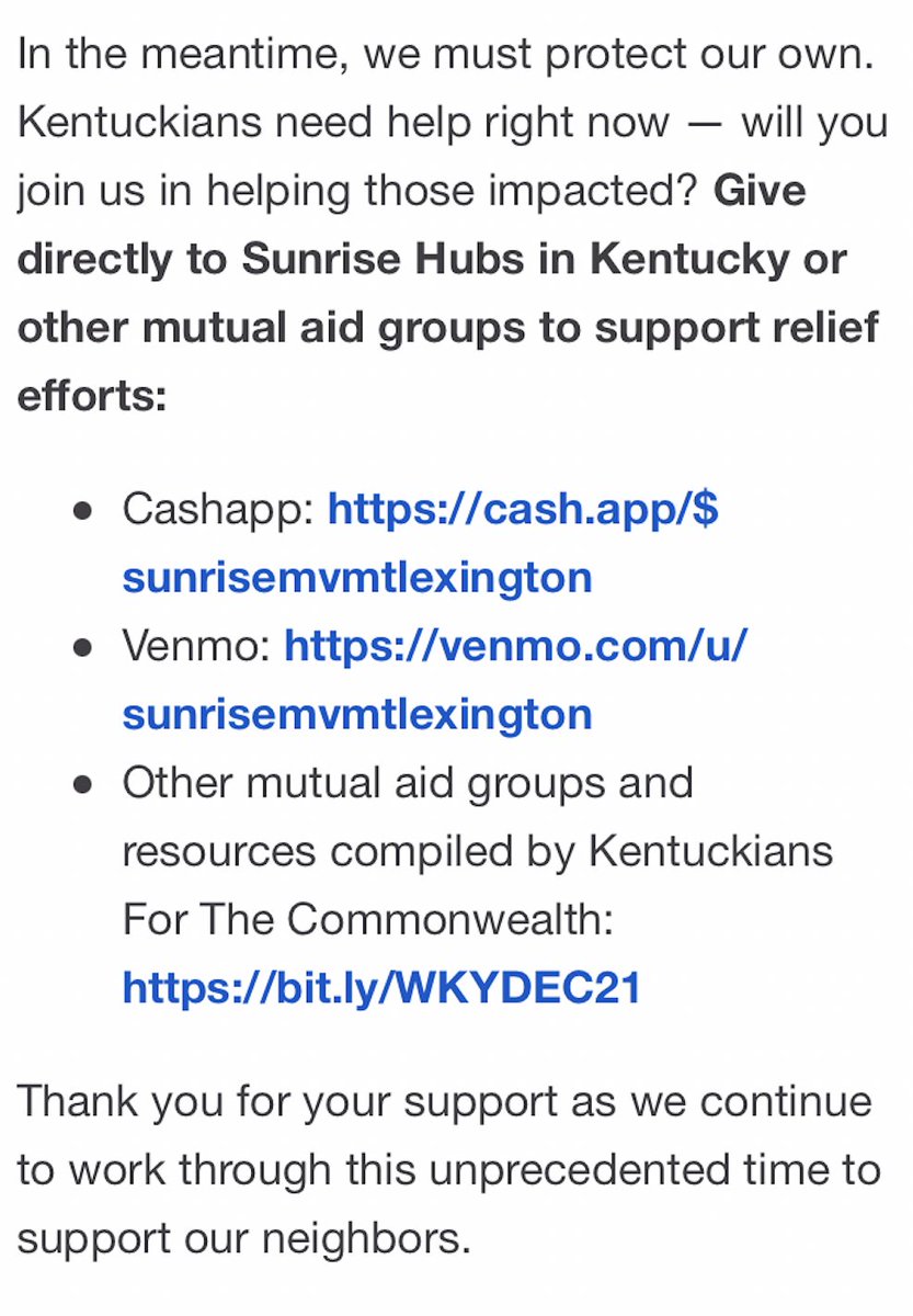 🚨🚨 Please help us support #Kentucky!🚨🚨
<a href="/sunrisemvmtlex/">Sunrise Movement Lexington, KY</a> is sharing active links to donate to the communities of the tragic tornadoes that touched down overnight this past weekend. Thank you for your support as our fellow communities #recover from ongoing natural disasters!🙏♥️