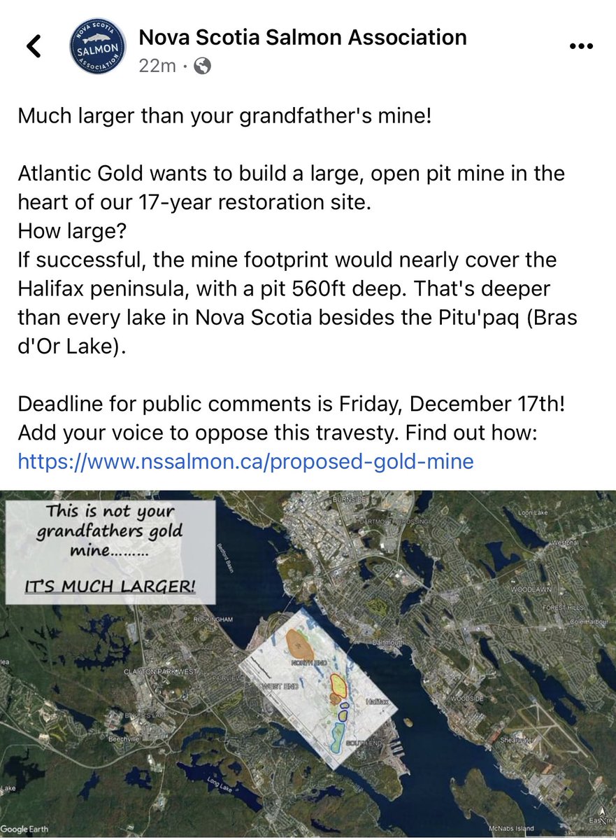 Much larger than your grandfather's mine! 

Atlantic Gold wants to build a large, open pit mine in the heart of our 17-year restoration site. 

Add your voice to oppose this travesty. Find out how: nssalmon.ca/proposed-gold-…

#nspoli <a href="/iaac_aeic/">Impact Assessment Agency of Canada</a> <a href="/AndreaPLFN/">Andrea Paul</a> @joan_baxter <a href="/NSsalmon/">Nova Scotia Salmon Association | NSSA</a>
