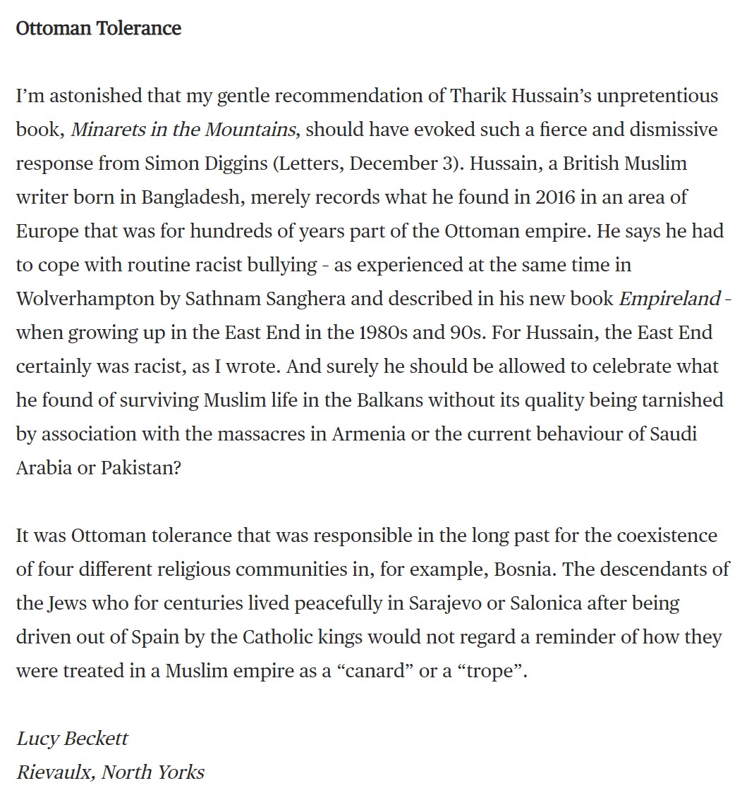 _TharikHussain's tweet image. After #Minarets became a @TheTLS Book of the Year, a reader (of TLS - clearly not of my book) expressed their disagreement in a rant. It saddened me that TLS published such unfounded criticism. But then, to their credit, they also published Lucy Beckett's reply. Thanks Lucy.🕌🏔️
