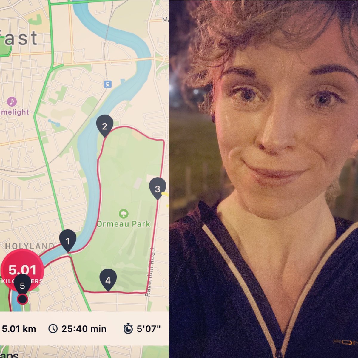 Teatania's tweet photo. #2ndrunofchristmas 🏃‍♀️

Taking it south today with an #eveningrun after work. Little slower than yesterday but still #5kunder26. Weight of the day is on my legs!

Simple circular route. #stranmillisembankment, #ormeauembankment, #ravenhillroad and back along the #riverlagan again. https://t.co/H9JNJg2beI