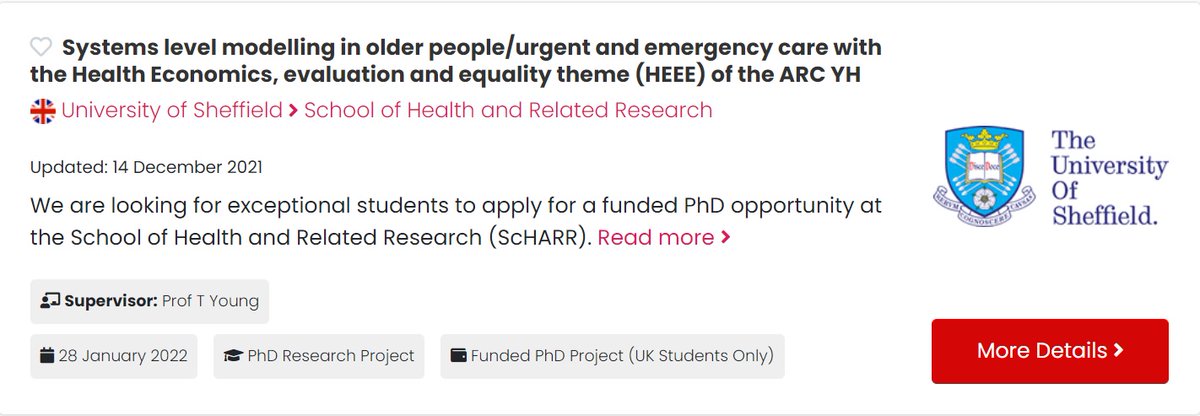 Amanda Lane (@ajanelane) on Twitter photo *PhD funded Studentship Opportunity* Join our Health Economics theme & apply for a funded PhD in the area of Systems Level Modelling in Older People or Urgent and Emergency Care. Details at: tinyurl.com/9cuw92y <a href="/sheffielduni/">The University of Sheffield</a> @ScHARRSheffield <a href="/Young4T/">Tracey Young</a> <a href="/NIHR_ARC_YH/">NIHR Yorkshire & Humber ARC</a> <a href="/bojke_laura/">Laura Bojke</a> *PhD funded Studentship Opportunity* Join our Health Economics theme & apply for a funded PhD in the area of Systems Level Modelling in Older People or Urgent and Emergency Care. Details at: tinyurl.com/9cuw92y <a href="/sheffielduni/">The University of Sheffield</a> @ScHARRSheffield <a href="/Young4T/">Tracey Young</a> <a href="/NIHR_ARC_YH/">NIHR Yorkshire & Humber ARC</a> <a href="/bojke_laura/">Laura Bojke</a>