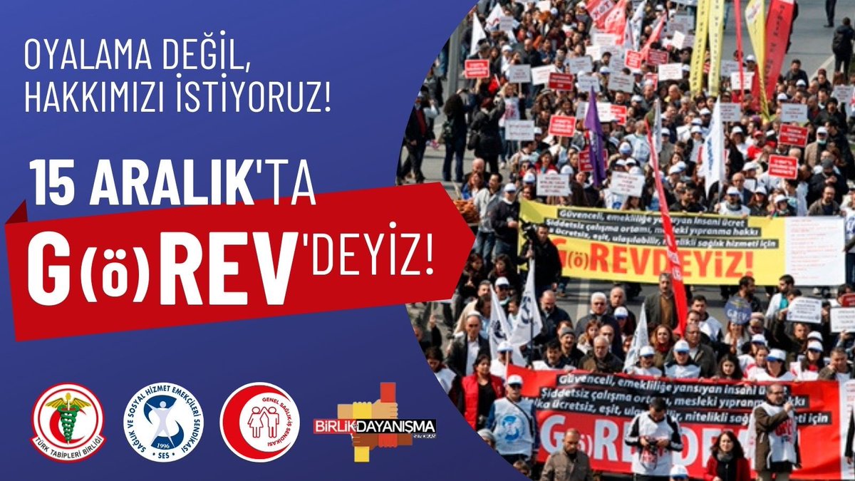 ✅Yoksulluk sınırı üzerinde emekliliğe yansıyan temel ücret

✅3600-7200 ek göstergenin kademeli olarak düzenlenmesi

✅Yıpranma payı

Talebiyle üretimden gelen gücünü kullanan sağlık emekçilerinin yanındayız
<a href="/ttborgtr/">Türk Tabipleri Birliği</a> <a href="/sesgenelmerkezi/">SES Genel Merkezi</a> <a href="/DevrimciSaglik/">Devrimci Sağlık İş</a> 

#15AralıktaGrevdeyiz