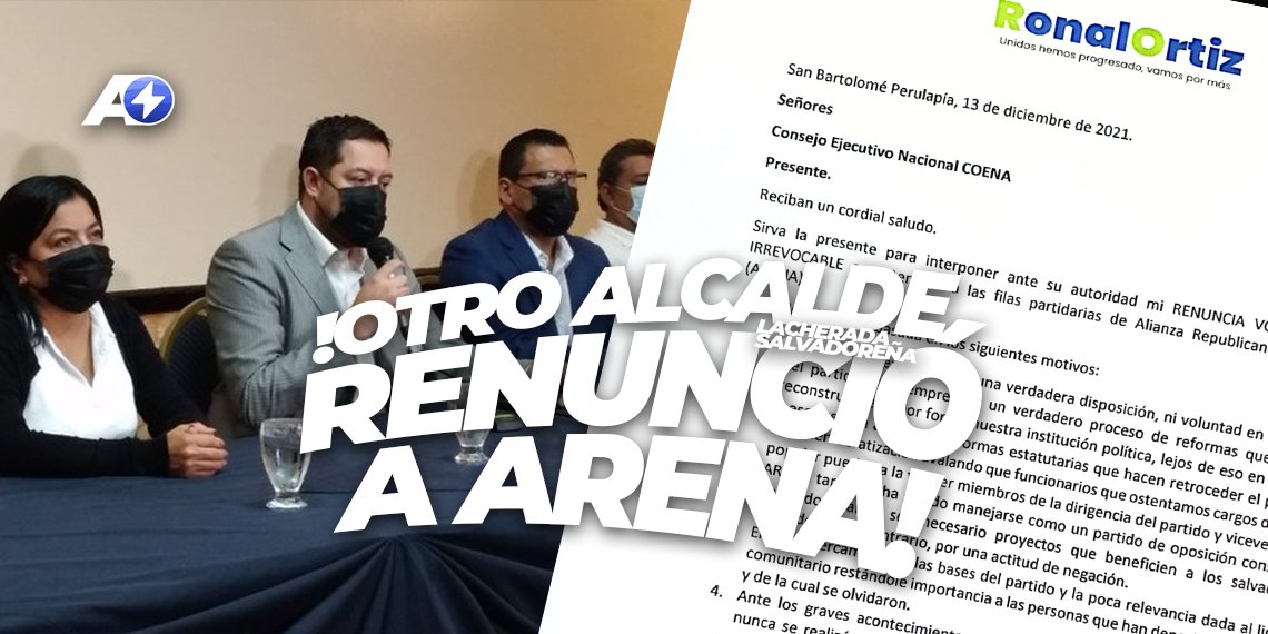 lacheradacom's tweet photo. ⚡️Otro Alcalde renuncia, el partido #ARENA está al borde de desaparecer, Ronal Ortiz, Alcalde San Bartolomé Perulapía se desliga totalmente del partido tricolor.
Más detalles en el siguiente artículo ⬇️⬇️ 
https://t.co/I1OrKt2oOi https://t.co/9Z2diiTmiA