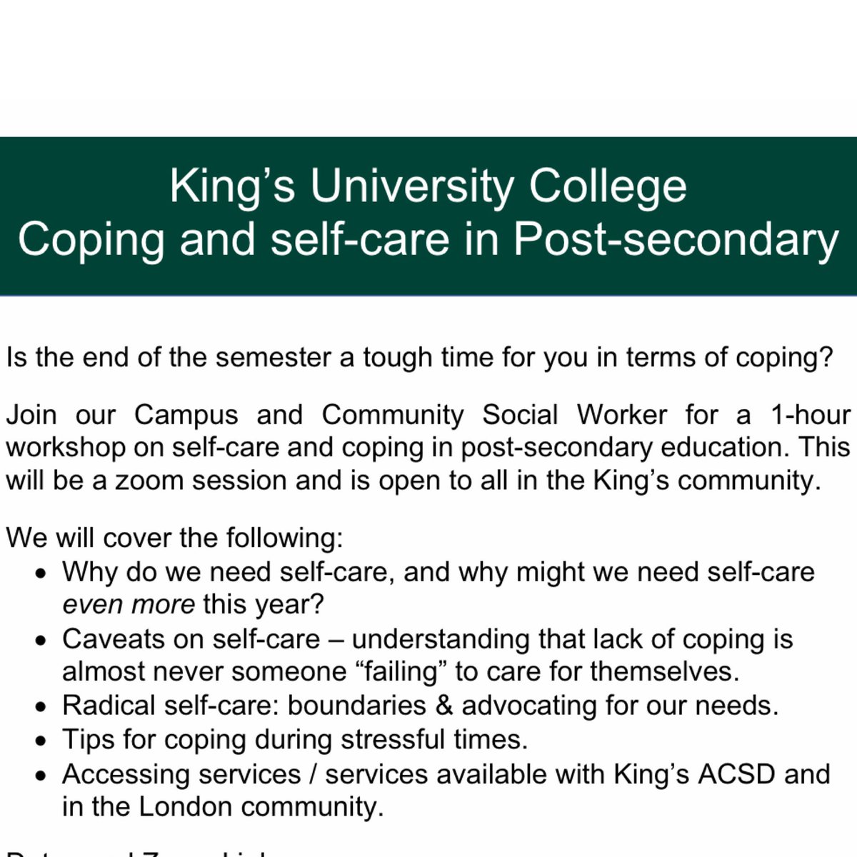 Emily Carrothers-Sereda (@emilycarrothers) on Twitter photo Please join us this week for one of our Coping and Self Care Workshops - open to all in the <a href="/KingsAtWestern/">King's at Western</a> community. <a href="/KingsResLife/">King's Residence</a> <a href="/KingsKamp/">King's KAMP</a>
Follow the link for more info:
kings.uwo.ca/about-kings/vi… Please join us this week for one of our Coping and Self Care Workshops - open to all in the <a href="/KingsAtWestern/">King's at Western</a> community. <a href="/KingsResLife/">King's Residence</a> <a href="/KingsKamp/">King's KAMP</a>
Follow the link for more info:
kings.uwo.ca/about-kings/vi…