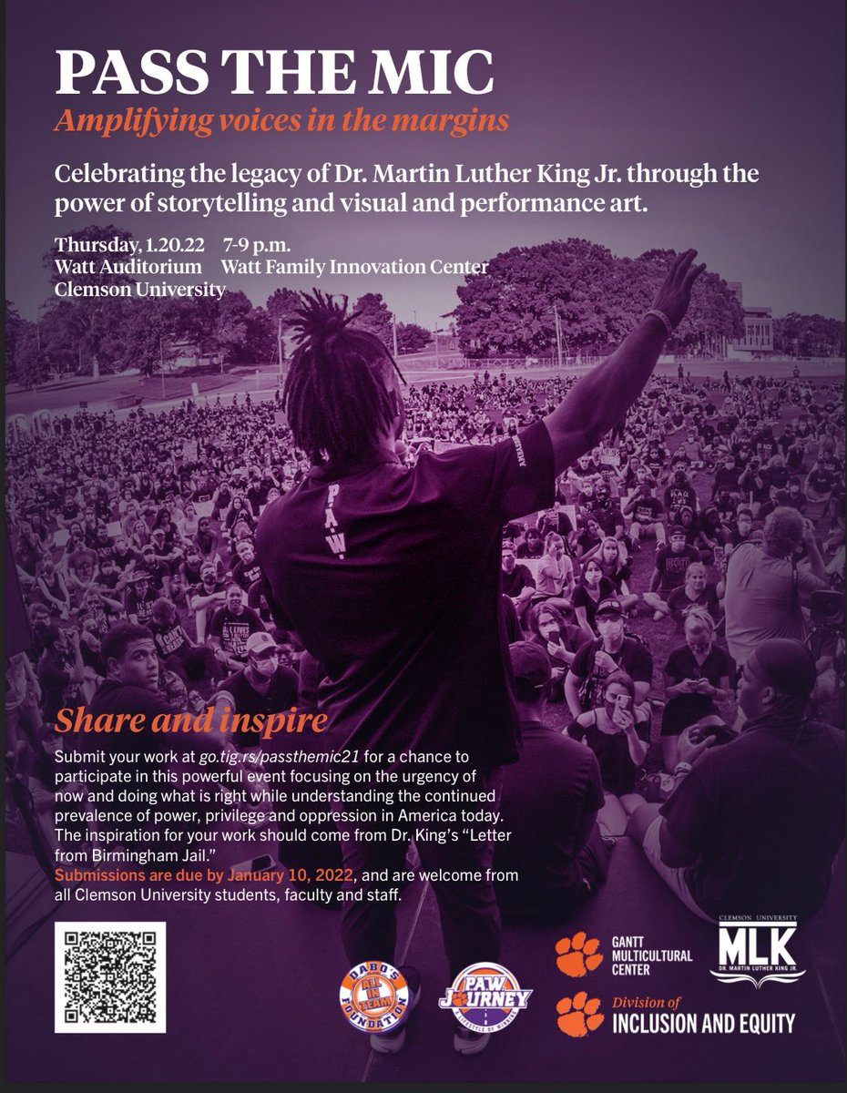 Clemson Gantt Center (@cugantt) on Twitter photo Are you an artist inspired by Dr. Martin Luther King Jr.? Consider his "Letter from Birmingham Jail," create something new and submit your work by January 10, 2022, for Pass the Mic at the following link. tig.rs/passthemic21
Sponsored by P.A.W. Journey and <a href="/DabosALLINTeam/">Dabo's ALL IN TEAM® Foundation</a>. Are you an artist inspired by Dr. Martin Luther King Jr.? Consider his "Letter from Birmingham Jail," create something new and submit your work by January 10, 2022, for Pass the Mic at the following link. tig.rs/passthemic21
Sponsored by P.A.W. Journey and <a href="/DabosALLINTeam/">Dabo's ALL IN TEAM® Foundation</a>.