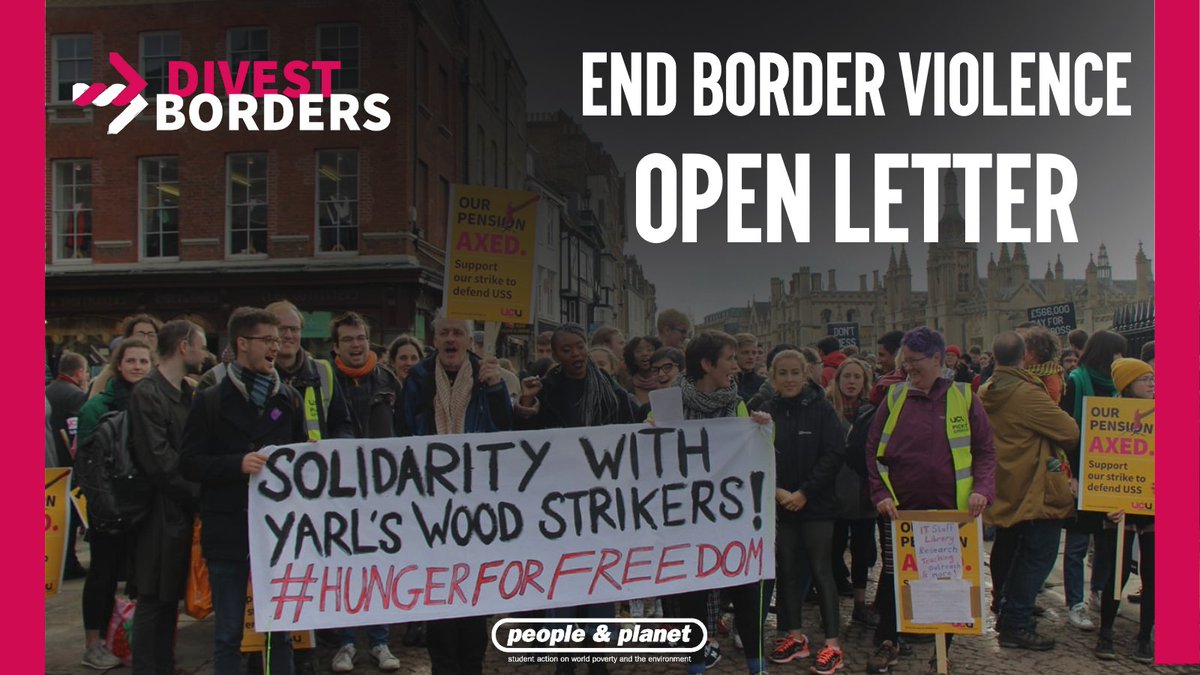 🚨 Calling all university workers 🚨

Through their investments, contracts and partnerships, universities across the UK are complicit in violence against people who move across and within borders. 

We need students and staff alike to make it clear that this is unacceptable❌