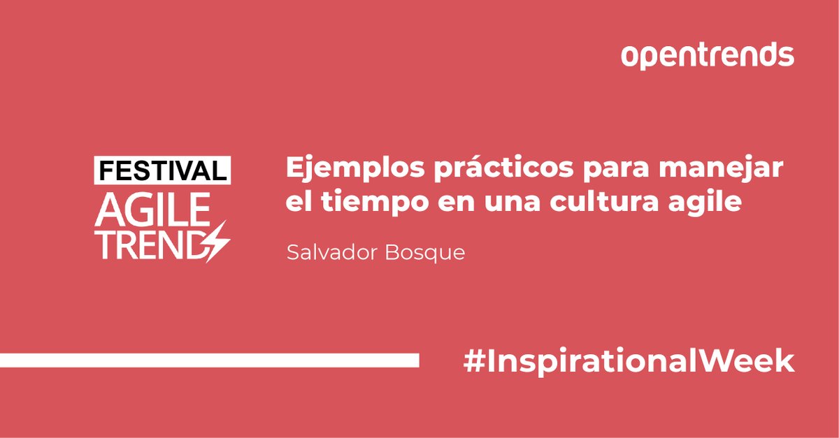 opentrends's tweet image. La charla de Salva Bosque en @AgileTrendsOn titulada “Ejemplos prácticos para manejar el tiempo en una #CulturaAgile”, trata de enseñar cómo salvar los inconvenientes que surgen en el día a día, a través de ejemplos prácticos 👉 ow.ly/FAE250HanMp

#InspirationalWeek #Agile