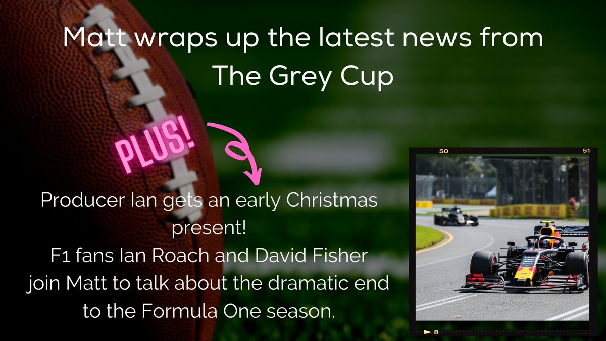 This week <a href="/MattMorrison72/">Matt Morrison</a> talks Grey Cup and Formula One! F1 fans, <a href="/IanRoachYXE/">Ian Roach</a> and <a href="/DavidFisherSask/">David Fisher</a>, will help Matt dissect the dramatic end to the F1 season. Watch LIVE on Facebook tonight at 6 p.m.!