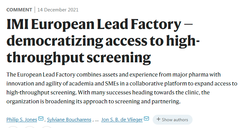 Nature Reviews Drug Discovery (@natrevdrugdisc) on Twitter photo A new article on successes and future directions for the European Lead Factory, a consortium that brings the HTS capabilities and expertise of large pharma to academics and SMEs go.nature.com/3pTZohh
<a href="/EULeadFactory/">EuropeanLeadFactory</a> @IMI_JU A new article on successes and future directions for the European Lead Factory, a consortium that brings the HTS capabilities and expertise of large pharma to academics and SMEs go.nature.com/3pTZohh
<a href="/EULeadFactory/">EuropeanLeadFactory</a> @IMI_JU