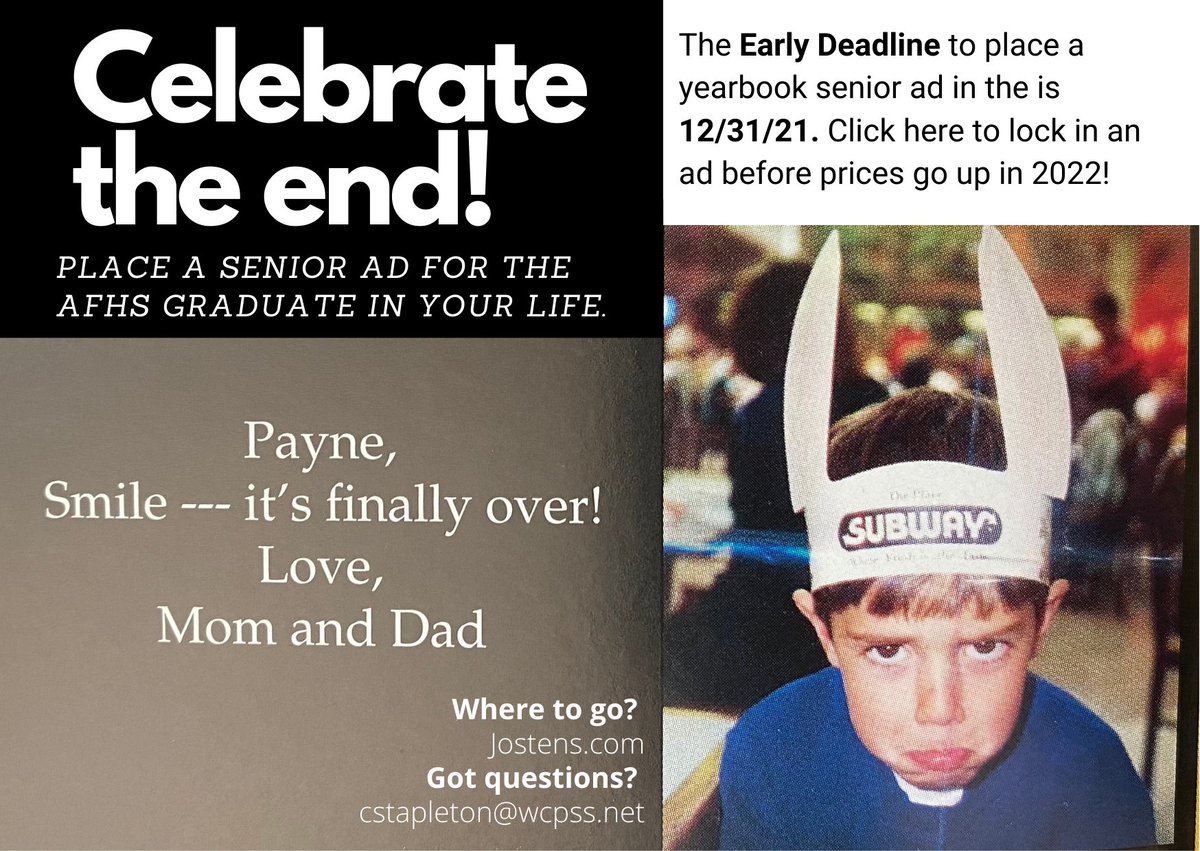 Got two weeks to save $$$ on yearbook senior ads -- the price goes up on 1/1/22, so lock your ad in before the end of the year! <a href="/AfhsPats/">AFHS PATS 2022</a> <a href="/AFHSannounce/">AFHS_Announcements</a> <a href="/AFHSparents2022/">AFHSParents2022</a> <a href="/AFHSstudentserv/">AFHS Student Services</a>
