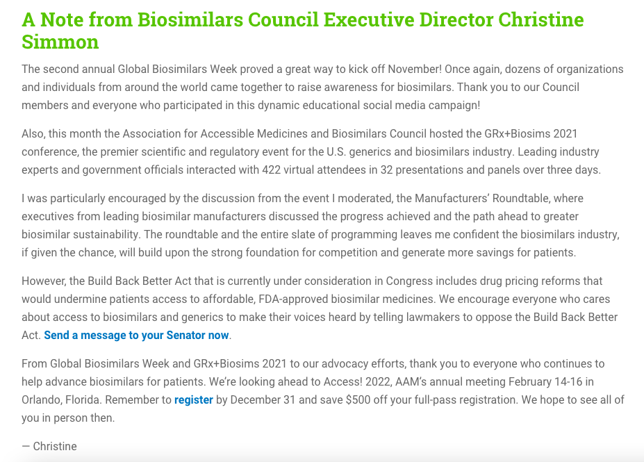 CSimmon_DC's tweet photo. Between participating in Global Biosimilars Week and hosting the GRx+Biosims 2021 conference, November was a busy month for the @BiosimsCouncil.

Read our November #Biosimilars Bulletin to learn more ➡️ https://t.co/4Ezf8v74e8 https://t.co/gKnItWAlVg