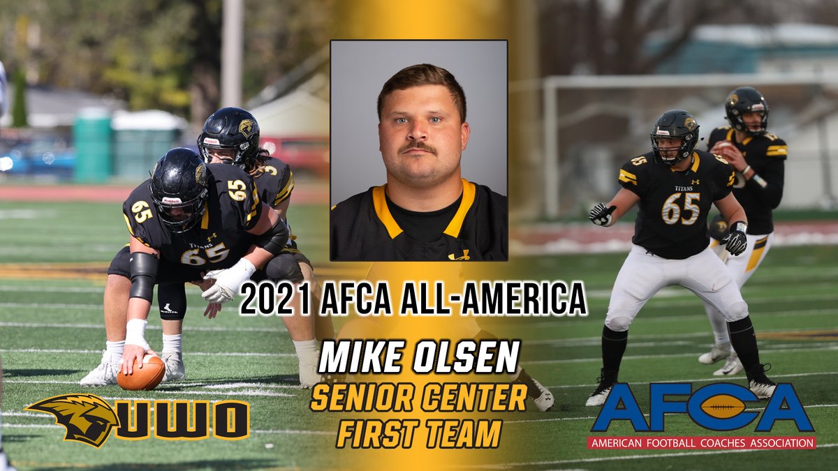 .<a href="/UWOFootball/">UW-Oshkosh Football</a>'s Mike Olsen was selected to the 2021 NCAA Division III All-America First Team by the American Football Coaches Association.

Olsen, a senior center, becomes the sixth Titan to receive AFCA Division III All-America honors. bit.ly/3pT1Uog
