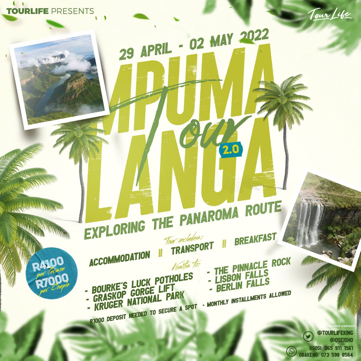 TourlifeKing's tweet photo. Tourlife presents 

The Mpumalanga tour 2.0

📆: 29 April - 02 May 2022(3 nights)
👤: R4100 per person
👥:R7000 per couple

Ps: The couples package is not GENDER SPECIFIC 

R1000 deposit is needed to secure your spot on the tour

VERY LIMITED SPACE AVAILABLE https://t.co/TtYhnhkV66