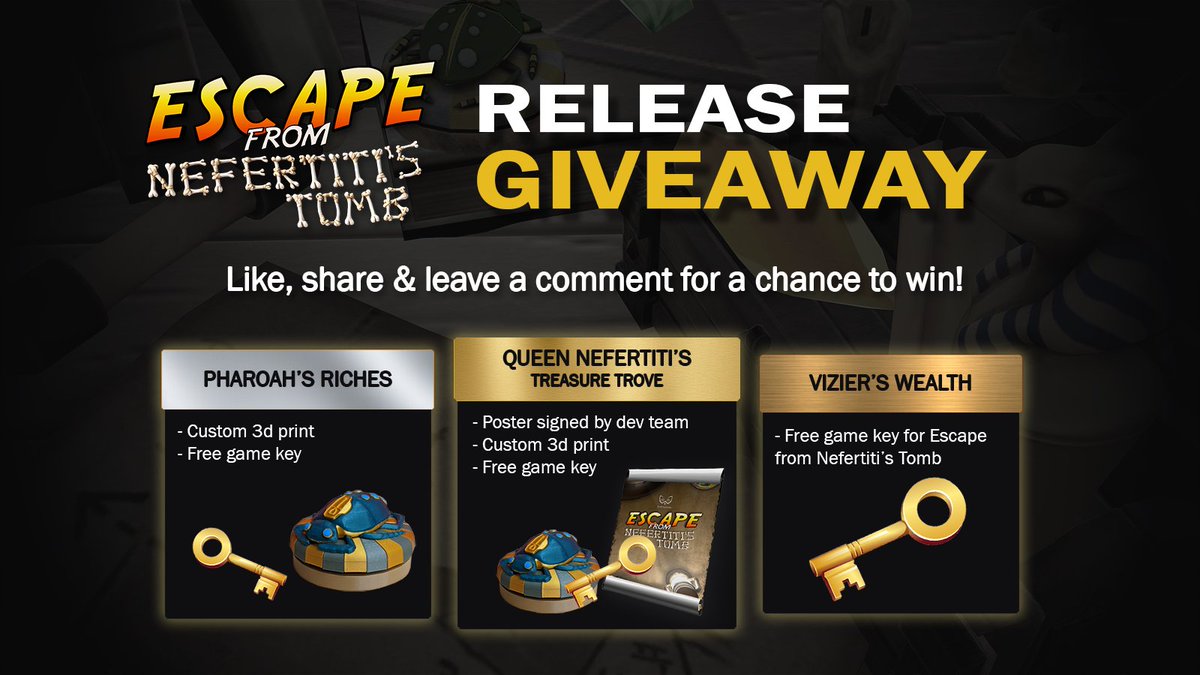 WisE_DRL's tweet photo. Celebrating🥳 the release of Escape From Nefertiti's Tomb with a giveaway!  Like this post+share post+leave a comment for a chance to win one of these prizes! Ends December 24th! #Giveaway #VRgames #VRetweeter #EscapeFromNefertitsTomb #Metaverse #IndieDev https://t.co/2ag0RIIZvi https://t.co/lpbU3x2n8u