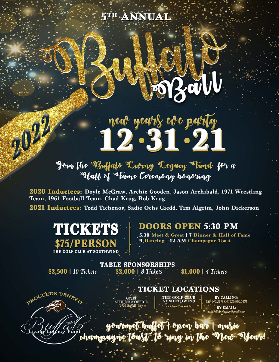 The GCHS Living Legacy Fund will hold its 5th annual Buffalo Ball on New Year's Eve, December 31, 2021. The Living Legacy Fund awards scholarships to GCHS graduates through donations made at the yearly Buffalo Ball. Tickets &amp; other info: gckschools.com/news/buffalo_b…