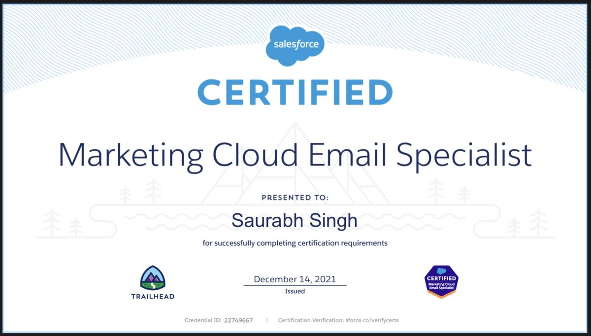 saurabh__sing's tweet image. Ending this year on a superb note by completing my to-do lists! 🎊
Attain Ranger Level ✅
Get PD 1 Certified ✅
Get SFMC Email Specialist- ✅
Certified
@marketingcloud @salesforce #salesforce #sfmc #trailhead #salesforcemarketingcloud