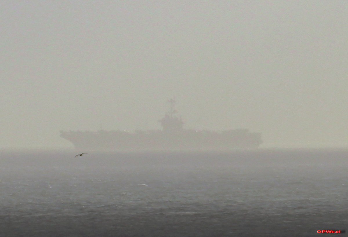 USS Harry S Truman CVN75 Eastbound STROG off Europa Point #Gibraltar Conditions very hazy with low cloud base #OPWest