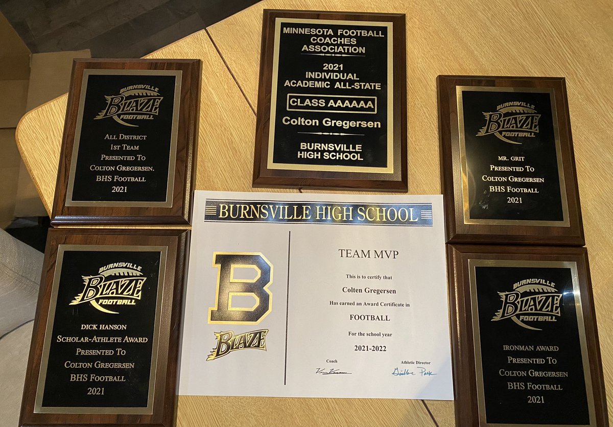 Thankful to receive:
Academic All-State
All district 1st Team
Team MVP
All District Defensive MVP (Don’t have plaque yet)
Also excited to get into the record books for blocked kicks and career sacks!! <a href="/CoachVarp/">Coach Varpness</a> <a href="/BurnsvilleBlaze/">Burnsville Football</a>