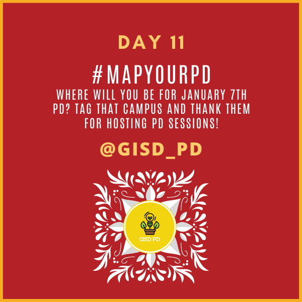 GISD Professional Learning (@gisd_pd) on Twitter photo Day 11 Quest! Where will you be for January 7th PD? Tag that campus and thank them for hosting PD sessions! <a href="/GISDTLD/">Teaching & Learning Development</a> <a href="/gisdnews/">Garland ISD</a> #GISDpd #ItsThePDforMe Day 11 Quest! Where will you be for January 7th PD? Tag that campus and thank them for hosting PD sessions! <a href="/GISDTLD/">Teaching & Learning Development</a> <a href="/gisdnews/">Garland ISD</a> #GISDpd #ItsThePDforMe