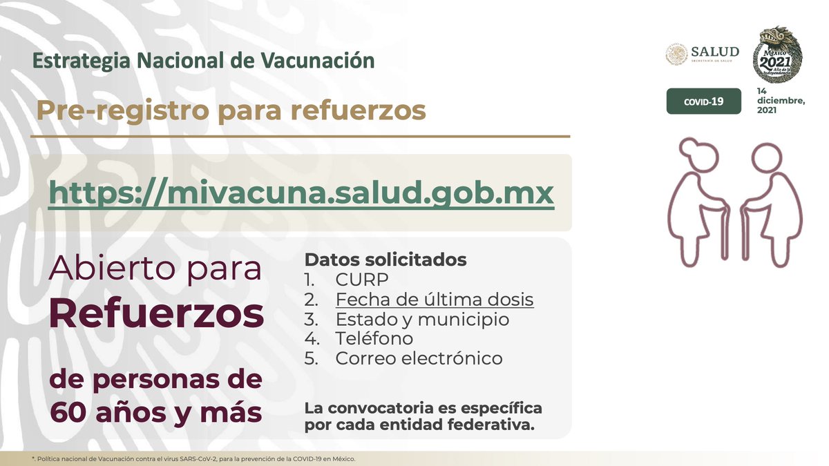 HLGatell's tweet photo. Para agilizar la aplicación de dosis de refuerzo a las personas mayores de 60 años se recomienda registrarse previamente en https://t.co/g8mJgOVB0z. Al llevar el comprobante impreso evitarán permanecer mucho tiempo en los centros de vacunación contra #COVID19. https://t.co/kaiup4wIDe