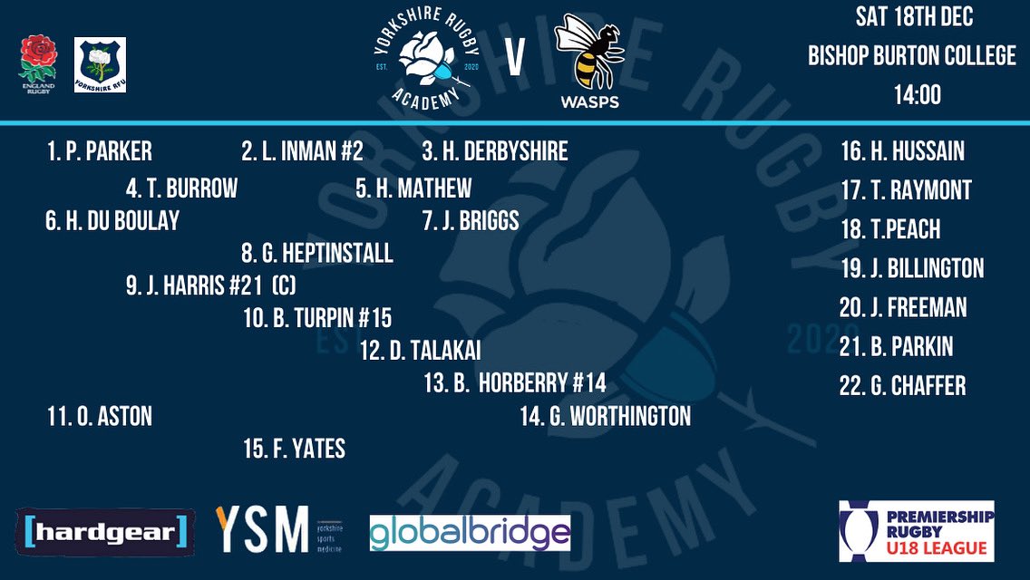 TEAM ANNOUNCEMENT!!

<a href="/GillyTRugby/">Tom Gilchrist</a> names his squad to face @Wasps_Academy this Sat in the <a href="/premrugby/">PREM Rugby</a> u18’s league at <a href="/OneBishopBurton/">Bishop Burton Sport</a>. Kick off 14:00. Free entry. Congratulations to Jack Harris, who has been named as captain for this seasons campaign. 

#weleavebetter
