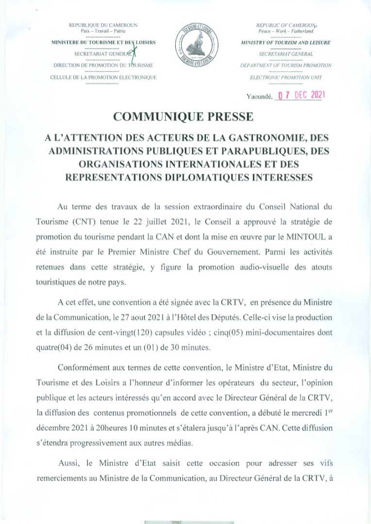 MintourCm's tweet photo. à l'attention des acteurs de la gastronomie, des Administrations Publiques et Parapubliques, des Organisations Internationales et des Représentations Diplomatiques intéressées. https://t.co/J7m9VYlXRP