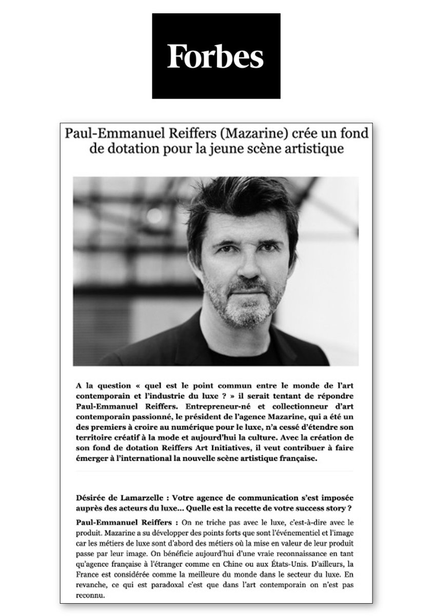 CommunicArt's tweet photo. #PaulEmmanuelReiffers (@mazarine_group) crée un #fonddedotation pour la jeune scène artistique !
 
Une #interview de Paul-Emmanuelle Reiffers par @de_lamarzelle à lire en intégralité dans @Forbes : https://t.co/jYc5CVwgFO https://t.co/xIKzuW9m6l