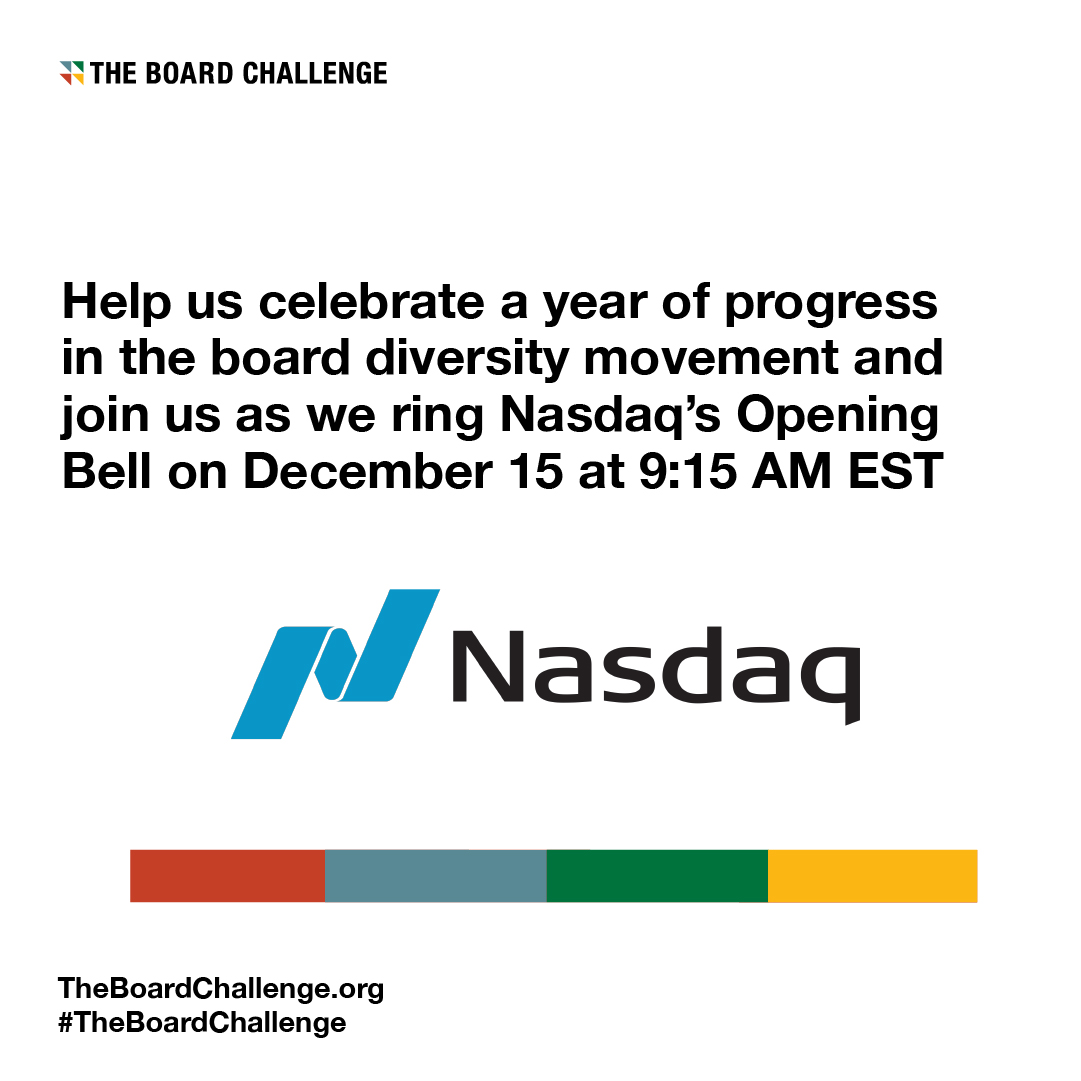 boardchallenge_'s tweet photo. We'll be at @Nasdaq tomorrow morning for a bell ringing ceremony to celebrate a year of great progress in the board diversity movement.

You'll be able to tune in live here: https://t.co/pGPYwVLv7I https://t.co/ecwpZBfG8d