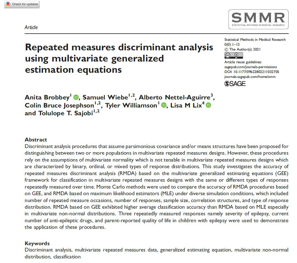 dr_sajobi's tweet photo. Publication Alert:🎺 Longitudinal discriminant analysis models using generalized estimating equations.  Led by Anita Brobbey @abrobbey06, the paper develops a new class of prediction models for longitudinal data characterized by non-normal distributions
https://t.co/kGVMGewvlJ https://t.co/Gx9j6Yey0C