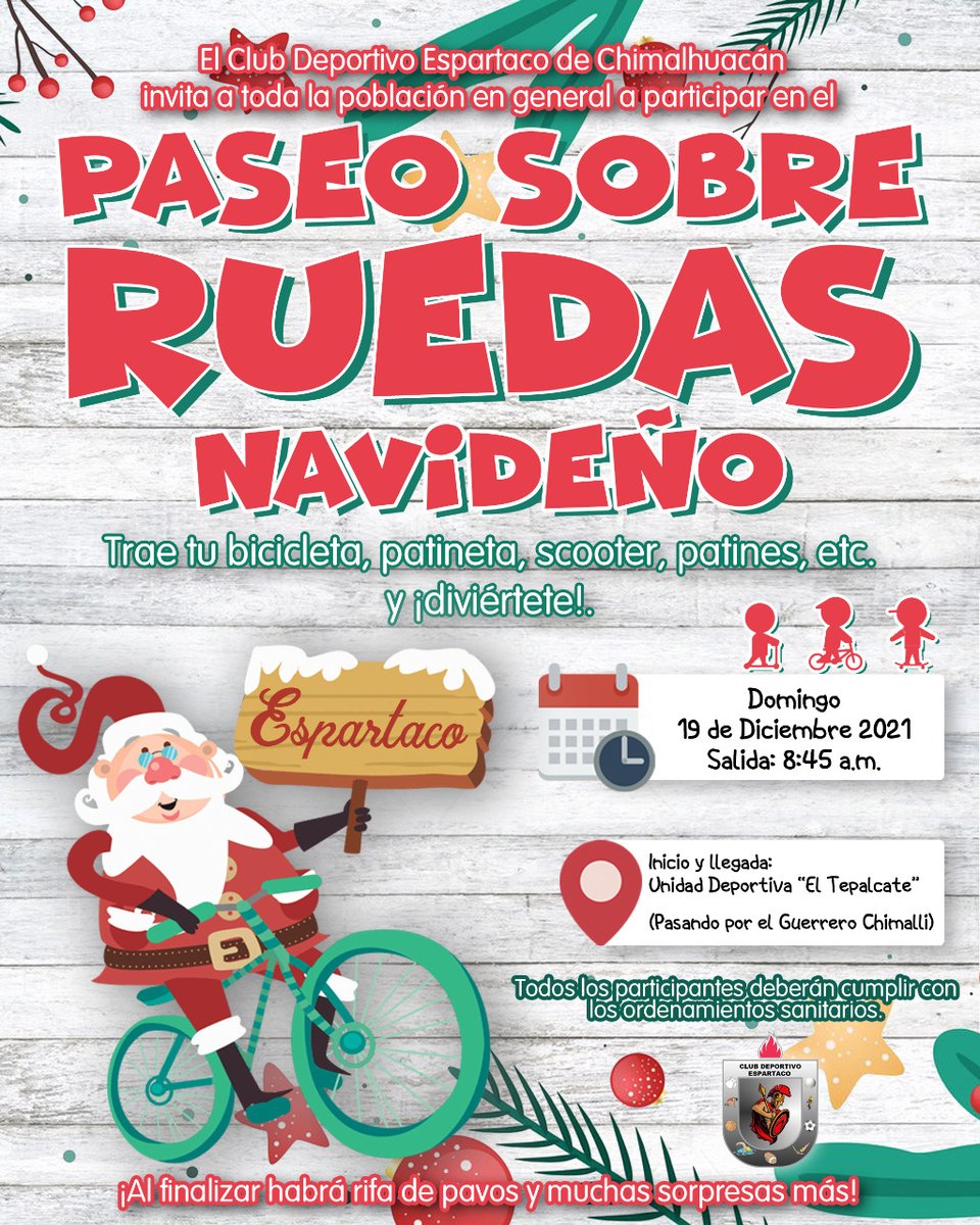 El Proyecto Nuevo Chimalhuacán te invita a participar en el Paseo Sobre Ruedas Navideño el domingo 19 de diciembre, la salida será a las 8:45 a.m. partiendo desde la Unidad Deportiva "El Tepalcate".