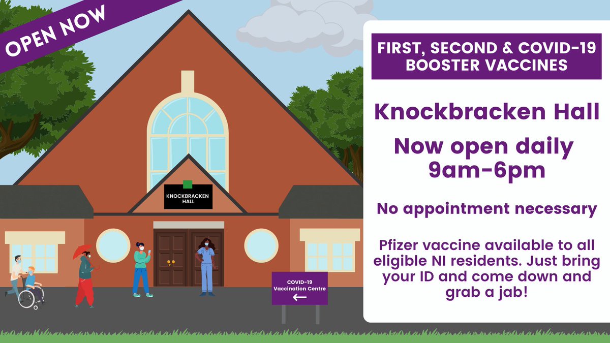 BelfastTrust's tweet photo. Open Now!! Knockbracken Hall Vaccination Clinic💉

An additional clinic is now open at Knockbracken Hall, Knockbracken Healthcare park, Saintfield Rd.

⏰Open daily 9am–6pm.
💉First, second &amp; Covid-19 booster vaccines.

📋No appt. needed. 
💳Bring your ID

https://t.co/a0c5H1sZ3u https://t.co/cgqQw6IdHC