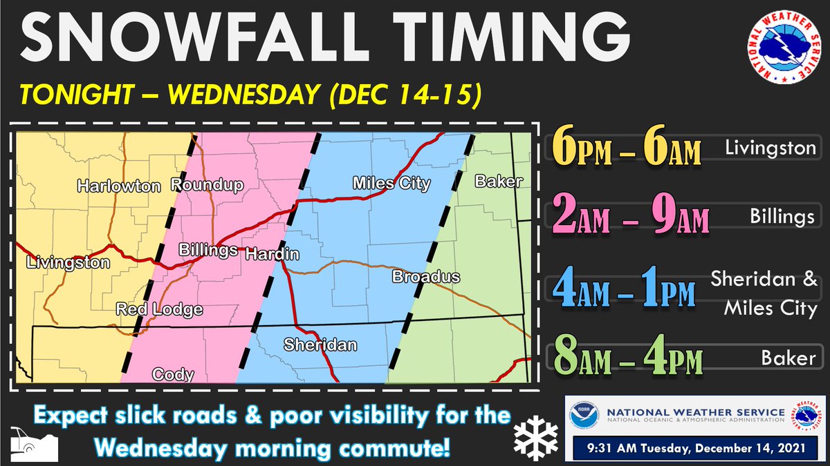 NWSBillings's tweet image. Here is our expected snowfall timing tonight &amp;amp; tomorrow. Expect difficult travel conditions for the Wednesday morning commute...so plan accordingly! #wywx #mtwx