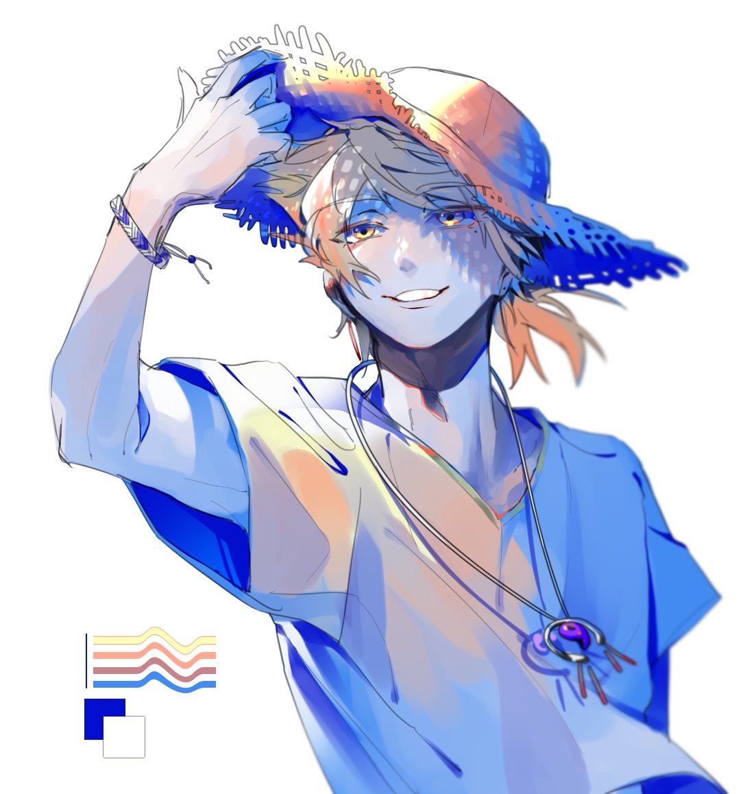 1boy male focus solo hat jewelry straw hat smile  illustration images