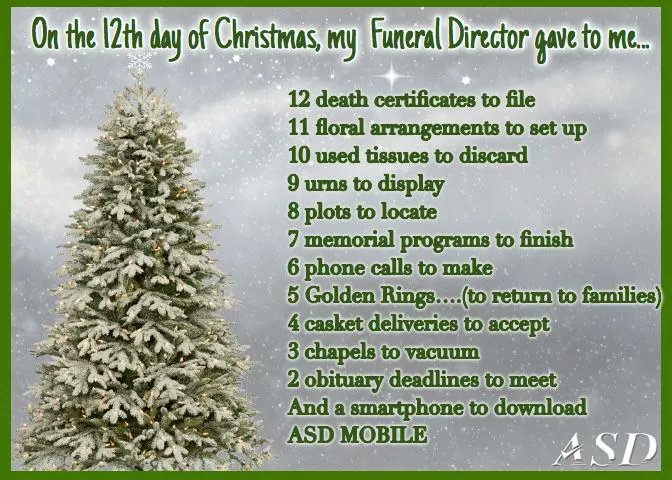 myASDcalls's tweet image. With Christmas less than 12 days away, we thought we’d share this classic. We rewrote the &quot;12 Days of Christmas&quot; to apply to a typical day in the life of a funeral director. Hope you enjoy! #12DaysofChristmas #FuneralDirectorProblems #LifeofaFuneralDirector